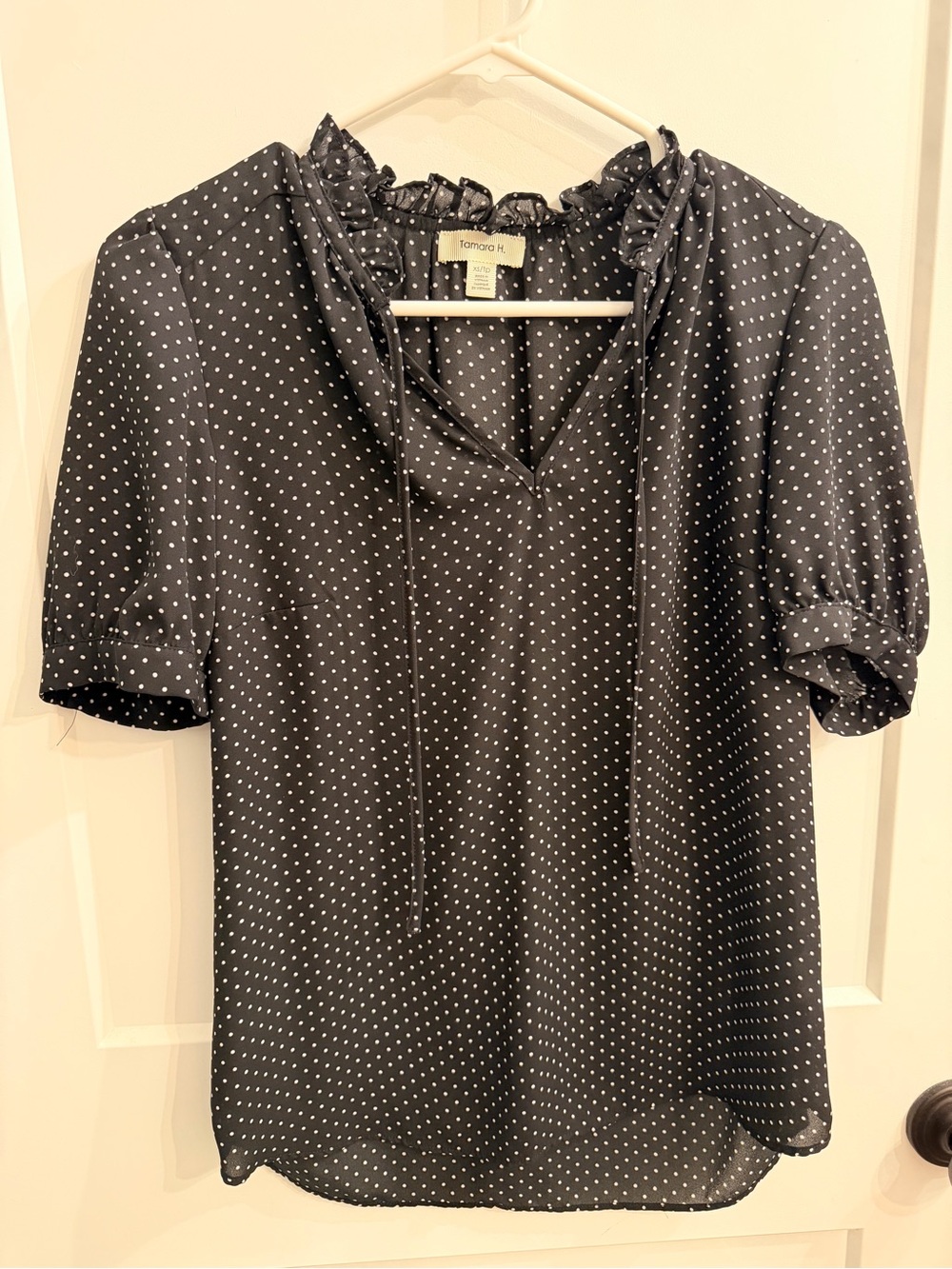 Black Polka Dot Ruffle Neck Short Sleeve Blouse
